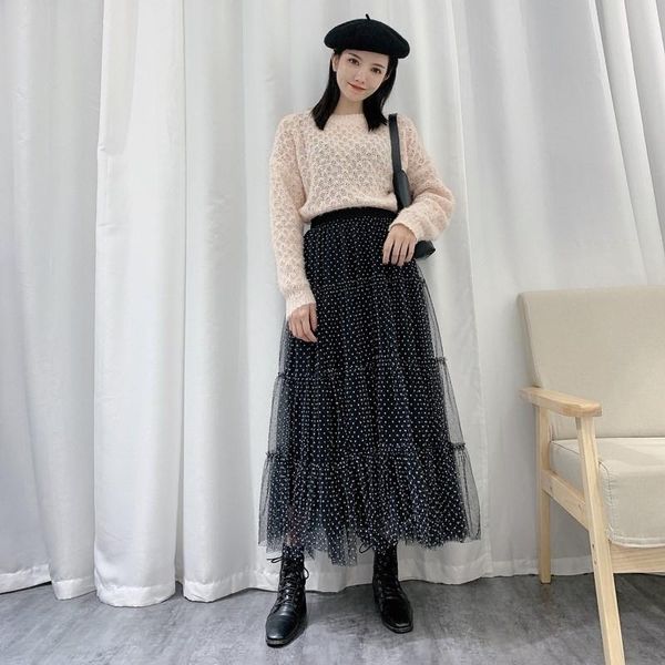 

2020 autumn & winter new korean elastic waist slimming simple wave point casual high waist women large swing skirt ing, Black