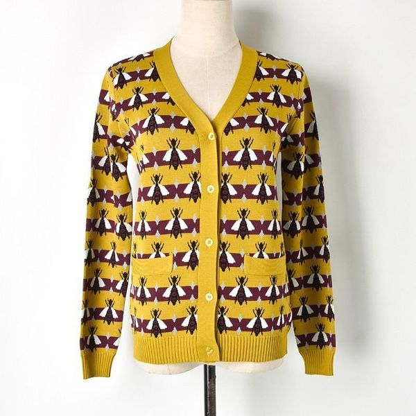 

2019 autumn and winter new color hit bee jacquard knit cardigan v-neck sweater outer shirt women1, White;black