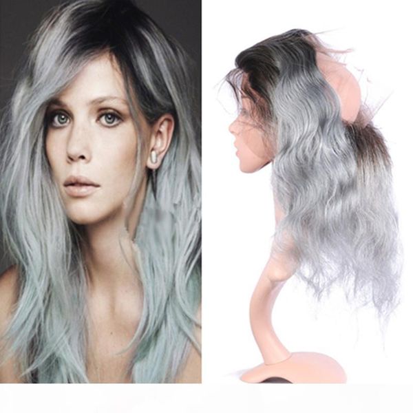 

two tone 1b grey dark root ombre body wave virgin human hair bundles silver grey ombre 360 full lace frontal band closure, Black;brown