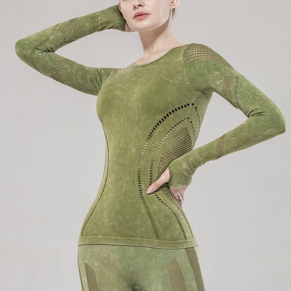 

yoga outfits autumn and winter hollow high elastic long-sleeved clothes washed printed tight-fitting sports fitness wom, White;red