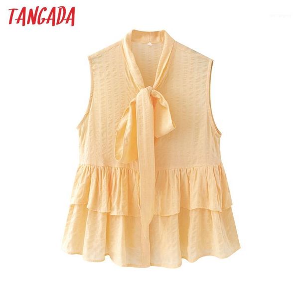 

tangada women ruffles solid sleeveless shirts bow neck female casual summer blouses qj1611, White