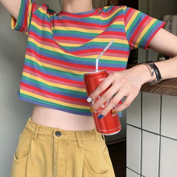 

2020 new summer womens t shirt fashion casual style round neck rainbow striped tees short sleeve t shirt slim women, White
