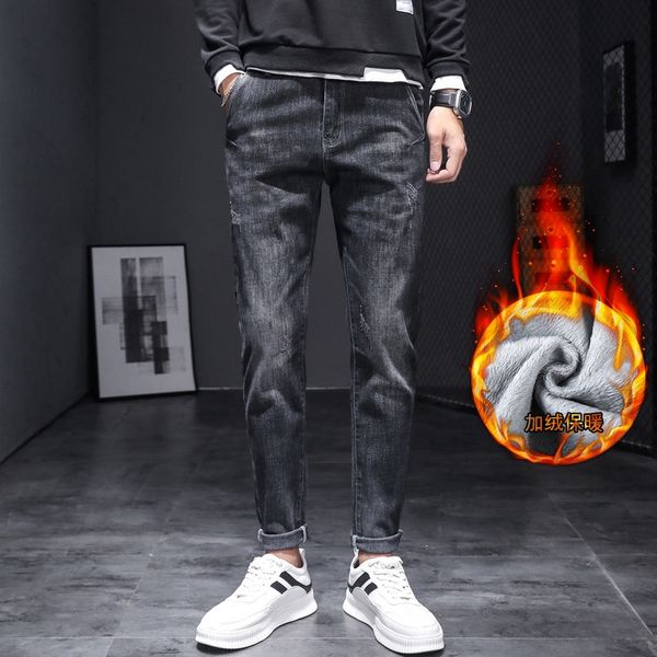 

v96e5 plush thickened wear in autumn winter men's slim fit korean fashion tight pants and jeans and jeansblack jeans leggings men, Blue