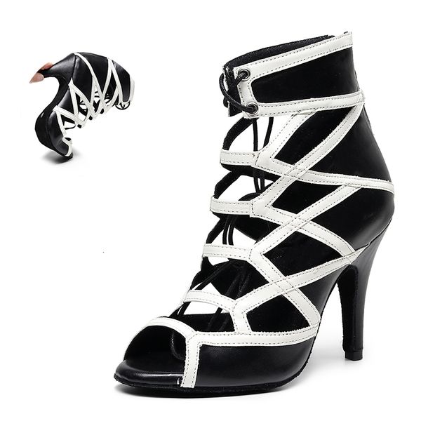

2021 new gilrs splicing ballroom latin black white high heel salsa dancing shoes for girls ankle latino dance boots sandals yjwc