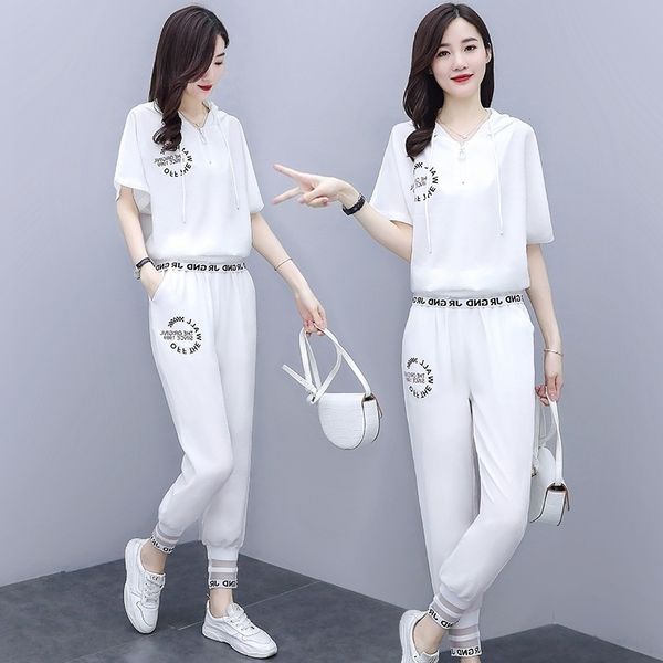 

hhqhe white thin sports suit women's summer white hooded trendy european two piece set casual two-piecebrand fashion western style casu, Gray