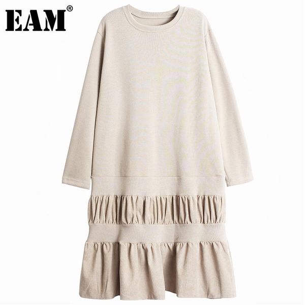 

eam] women pleated corduroy big size dress new round neck long sleeve loose fit fashion tide autumn winter 2021 1dd2595, Black;gray