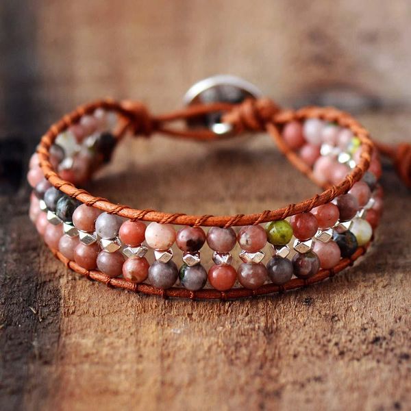 

boho природные камни серебро цвет шариков кожа wrap браслет semi драгоценный камень из бисера манжета женщины тканые браслет dropshipping sq, Golden;silver