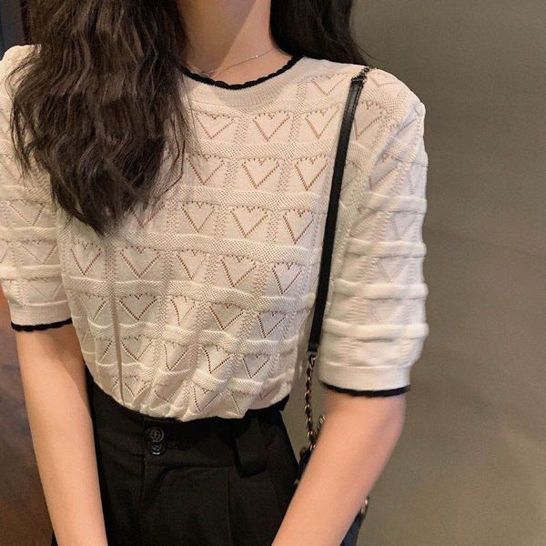 

heart shaped hollow out short sleeve ice silk t-shirt lazy and careful machine design women's coat t-shirt korean 2020 xiaxin 4afpt, White;black