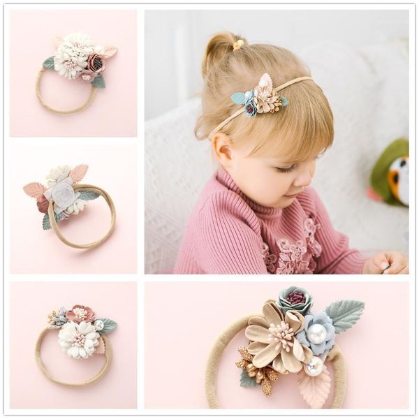 

hair accessories vintage floral headbands girls flower nylon headband with pearl elastic band toddler baby girl born1, Slivery;white