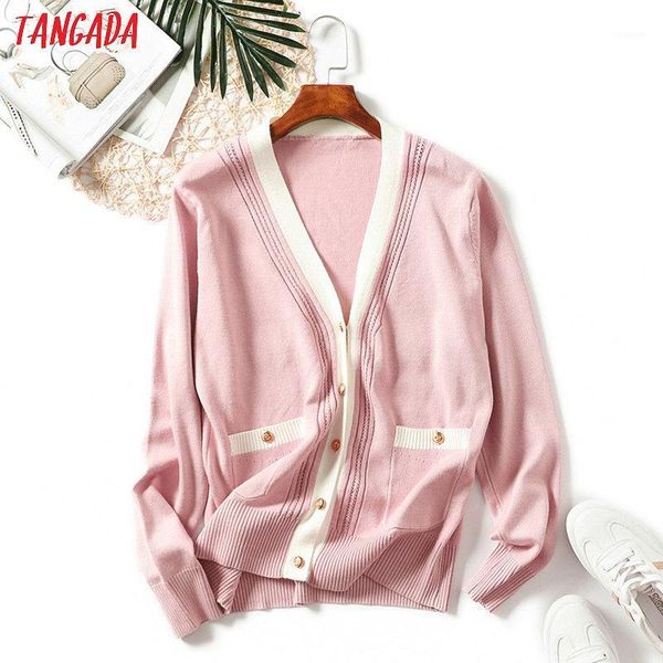 

tangada 2020 autumn winter women cardigan sweater jumper pocket casual korean style pink cardigan feminino knittde aqx091, White