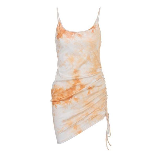 

women sleeveless ribbed ruched drawstring tie-dye backless bodycon mini dress m7dd, Black;gray