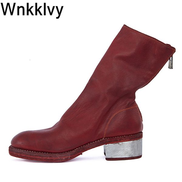 

металл средний каблук мартин ботас женщины круглый носок морщинистые осень обувь вернуться на молнию сапоги натуральные сапоги натуральная к, Black