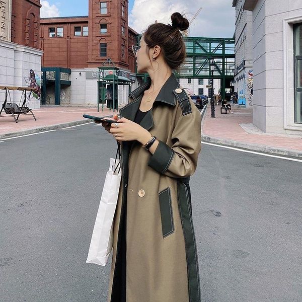 

brand famous women's clothing autumn windbreaker jacket fashion stitching design retro elegant medium length slim coat, Tan;black