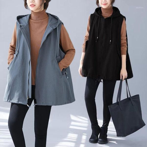 

women's vests plus size women's korean casual loose hooded vest jacket female solid color fashion waistcoat outerwear r5021, Black;white