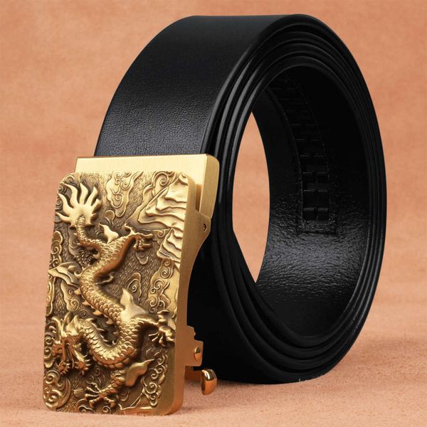 

boys' head dragon copper belt, men's leather, automatic buckle, korean young man's belt, Black;brown