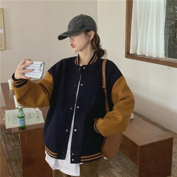 

women's wool & blends women baseball uniform jacket winter patchwork long sleeve female japanese stand-up collar casual harajuku loose, Black