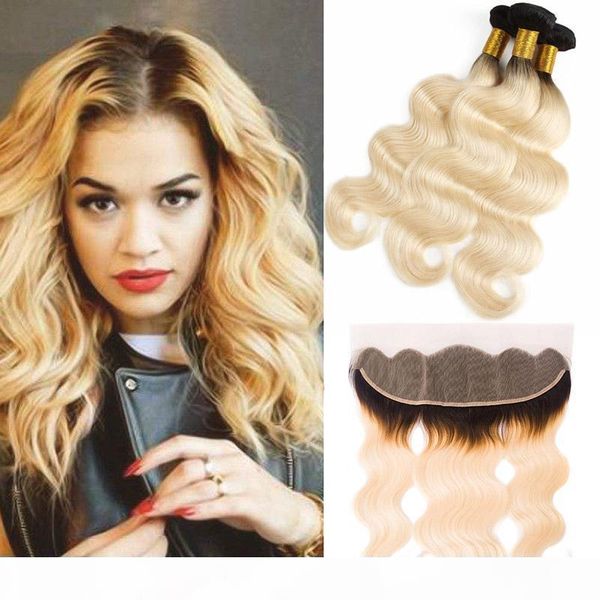 

brazilian unprocessed human hair 3 bundles with 13x4 lace frontal body wave 1b 613 mink hair products 4 pieces lot natural color, Black;brown