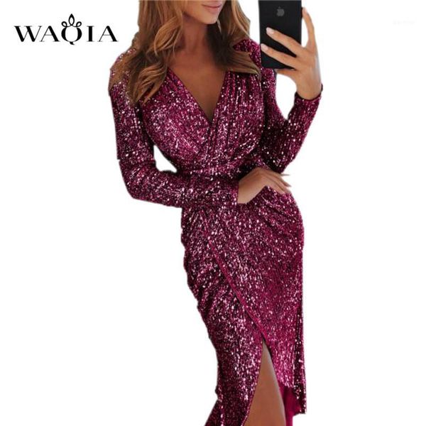 

8 colors plus siz 3xl sequin bodycon party dress women glitter dress v-neck high slit long sleeve midi tunic vestidos1, Black;gray
