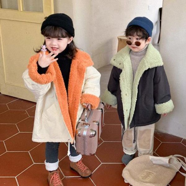 

2021 new plus veet warm double sided winter wear children's clothing baby boys and girls cotton padded coat long jacket 61wu, Blue;gray