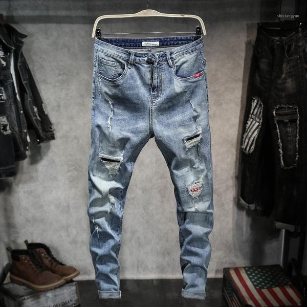 

2020 new men jeans hole ripped stretch destroyed hip hop jean masculino pure cotton design man jean slim jeans for male pants 361, Blue