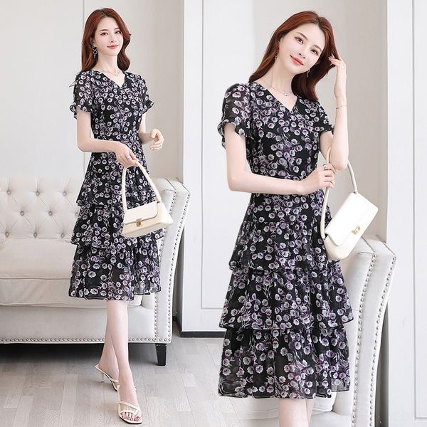 

rnril модный и универсальное платье женщины лето 2020 платья нового элегантного шифон темперамент фрагментарно цветок показать тонкий корейс, Black;gray