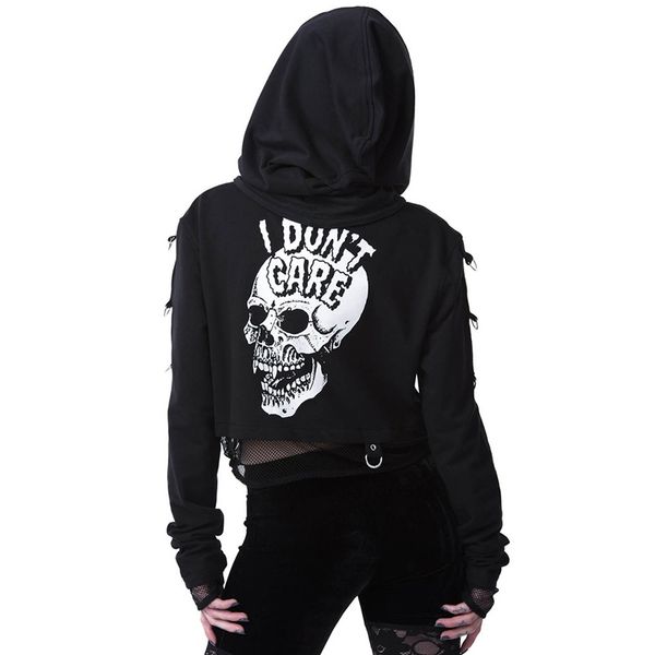 

aprilgrass women sweatshirts cropped hoodies gothic skull printed black loose short hoodies mesh patchwork female streetwear hooded
