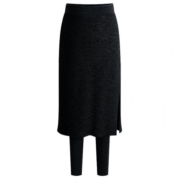 

plush and thickened fake two piece leggings for women's outer wear high waist small leg pants new mid length warm pants skirt in, Black