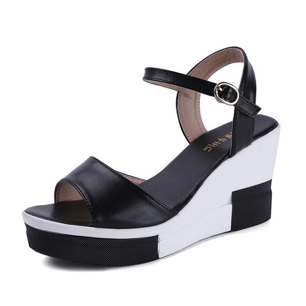 

sandals female summer nice color matching wedge heel sponge non-slip bottom fish mouth peep-toe platform joker sandals, Black