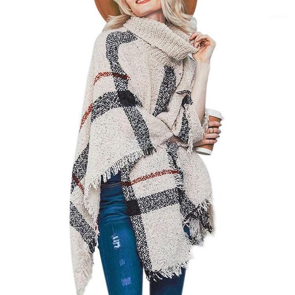 

2018 sweater female medium long tall collar fringe cloak shawl loose large size knitwear turtleneck1, White;black