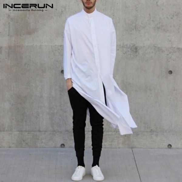 

men's casual shirts men long sleeve shirt stand collar solid button loose suit vintage pakistani 2021 incerun, White;black