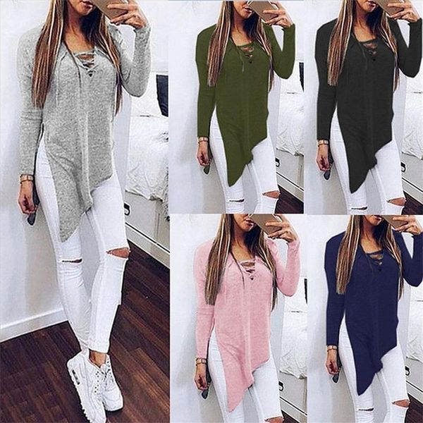 

v neck women t shirt solid color long sleeve front cross strap female stylish side slit casual lady, White