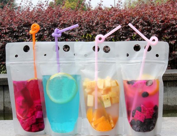 

clear drink pouches bags frosted zipper stand-up plastic drinking bag with straw with holder reclosable heat-proof 500ml ship