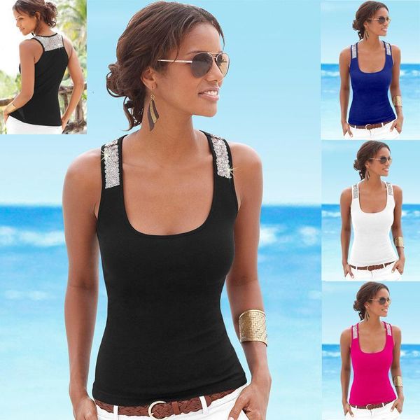 

2xl 3xl summer tank black white slim casual sleeveless sequins o neck sequined patchwork t shirt plus size women t
