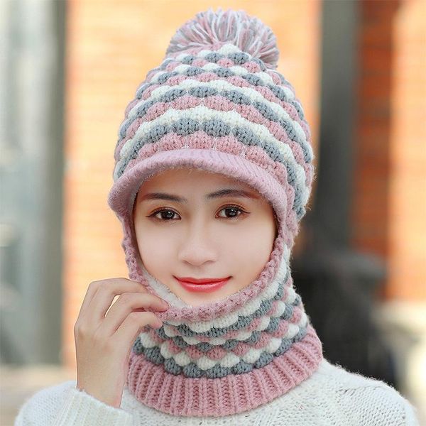 

cokk зимние шапки для женщин beanie bonnet ear защита hat женщины stretch hat ветрозащитный воротник толстый бархат вязать шапка с помпоном, Blue;gray