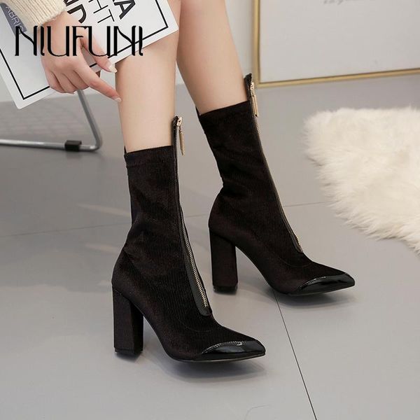 

niufuni stretch fabric suede socks pointed toe women's mid-calf boots zip high heels motorcycle boots women's shoes bottes femme, Black