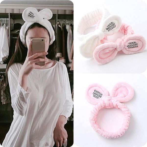 

women cute pink hair ribbon rabbit ear makeup headband soft warm plush comfortable wash face bathe hair holder elastic hairband q bbyyhh