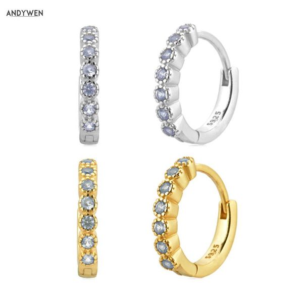 

hoop & huggie andywen 925 sterling silver light blue zircon cz huggies 9.5mm hoops luxury women crystal jewelry for rock punk piercing, Golden;silver