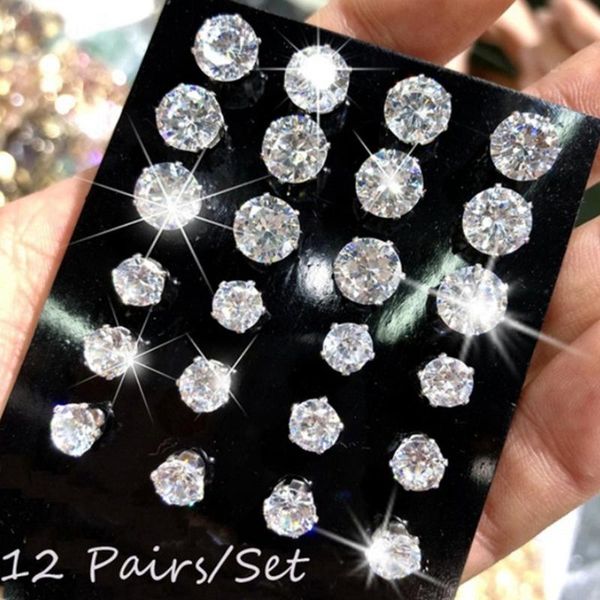 

stud 12 pair/pack cz shiny crystal wedding earrings for women men piercing ball ear jewelry accessories earing oorbellen, Golden;silver