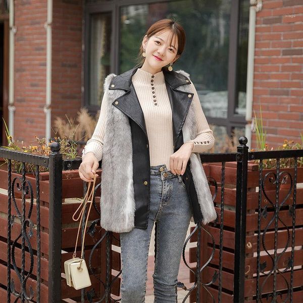 

2021 autumn winter splicing coat slim buttons jacket female casual faux fur vest winter jacket women leather outerwear y391, Black