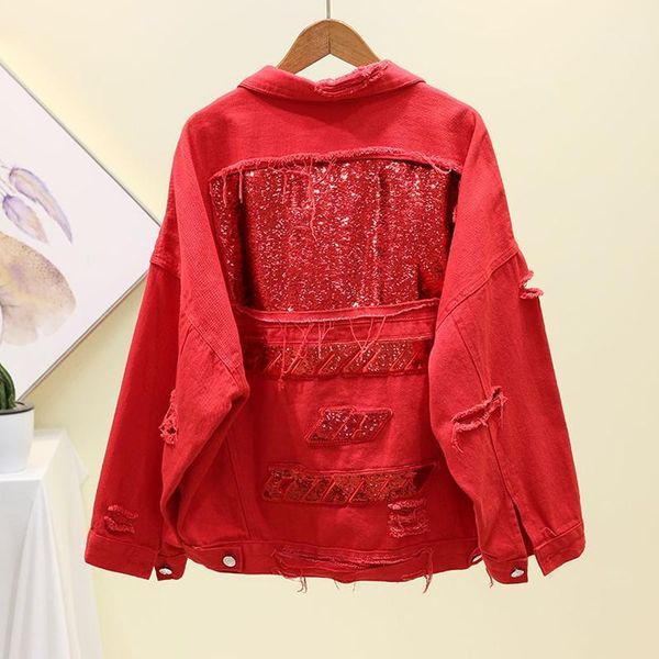 

new style sequins denim jackets for women short hole wild coat female red korean loose jeans denim jacket coat retro splice1, Black;brown