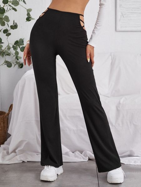 

solid cutout wide leg pants n1ei#, Black;white