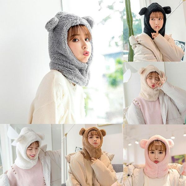 

winter cute selling hats lovely bear ears warm hat windproof neck scarf cap student women solid color plus cashmere cap1, Blue;gray