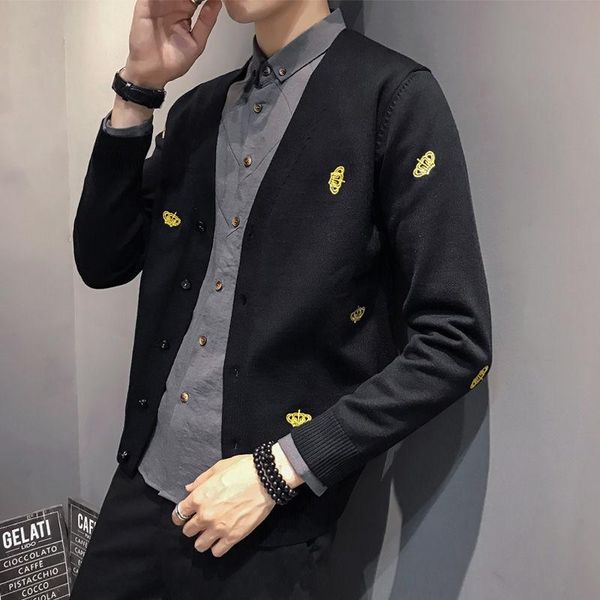 

new style man 's sweater coat spring and autumn men 's cardigan v-neck embroidered cotton knitwear korean fashion casual, White;black