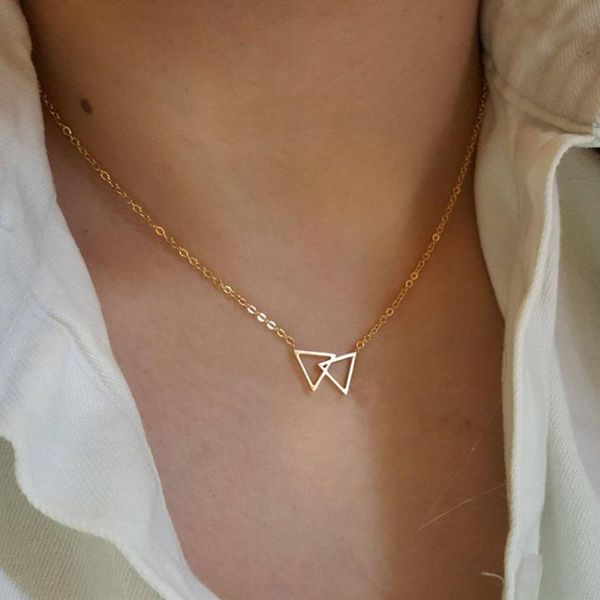 

pendant necklaces v attract stainless steel jewelry open double triangle for women rose gold ketting choker friend gift, Silver