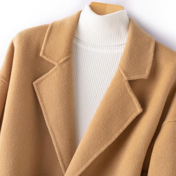 

women's wool & blends series about belt double-sided female coat in easing the stylish suit brought pure color cloth cashmere, Black