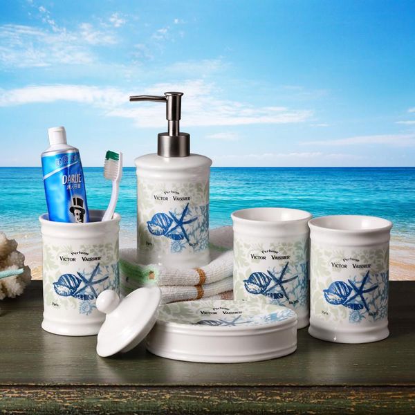 

bathroom accessories set ceramic soap dispenser toothbrush holder gargle cup 5 set wedding gifts mediterranean style bbyrno lipper
