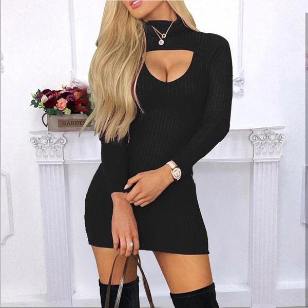 

spring 2020 new patchwork hollow out mini dress vestidos turtleneck long sleeve fashion solid bodycon women dresses, Black;gray