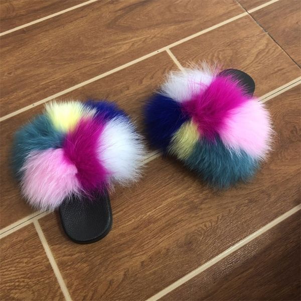

kids real fox slippers cute raccoon slides fluffy slippers toddler slipper baby girls fur slides summer flip flops with fur y201028, Black;grey
