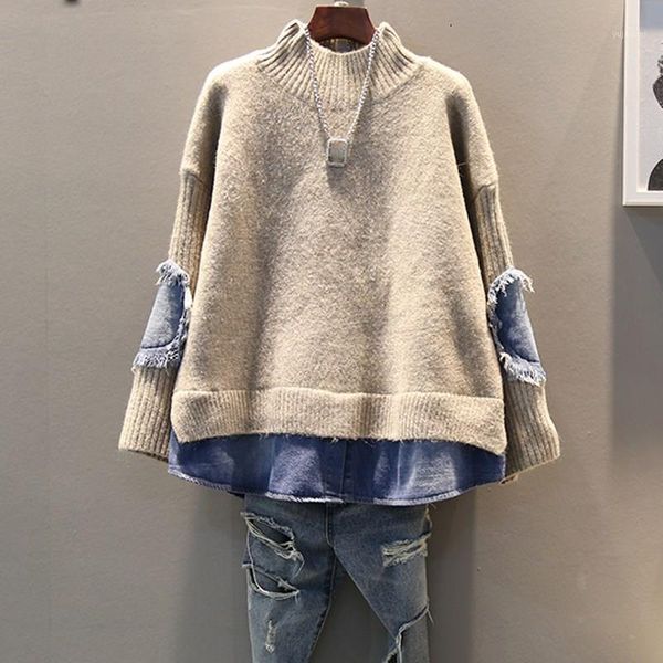 

new women winter knit fake two piece knitted long sleeve pullovers denim knittng patchwork sweaters loose1, White;black