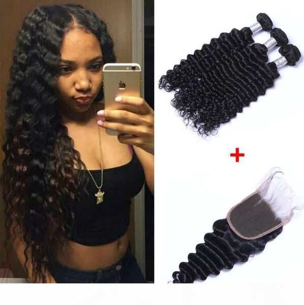 

brazilian deep wave human virgin hair weaves with 4x4 lace closure frontal bleached knots 100g pc natural color double wefts hair extensions, Black;brown
